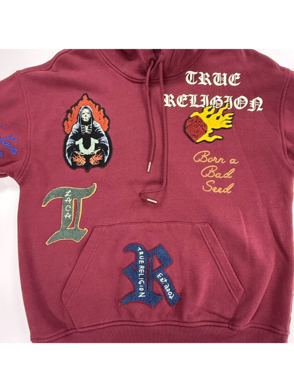 True Religion Men's Relaxed Fit Patch Graphic Hoodie Burgundy - Picture 4 of 16